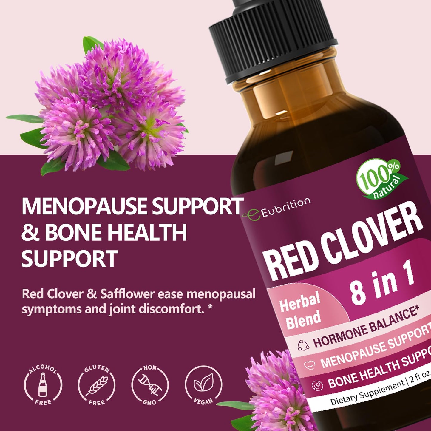 Eubrition Red Clover Drops – Women's Health Balance & 8-in-1 Menopause Support (Alcohol-Free, 2oz)
