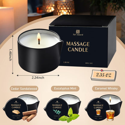 3 Pack Massage Oil Candles 2.35oz – Eucalyptus Mint, Cedar Sandalwood, Caramel Whisky