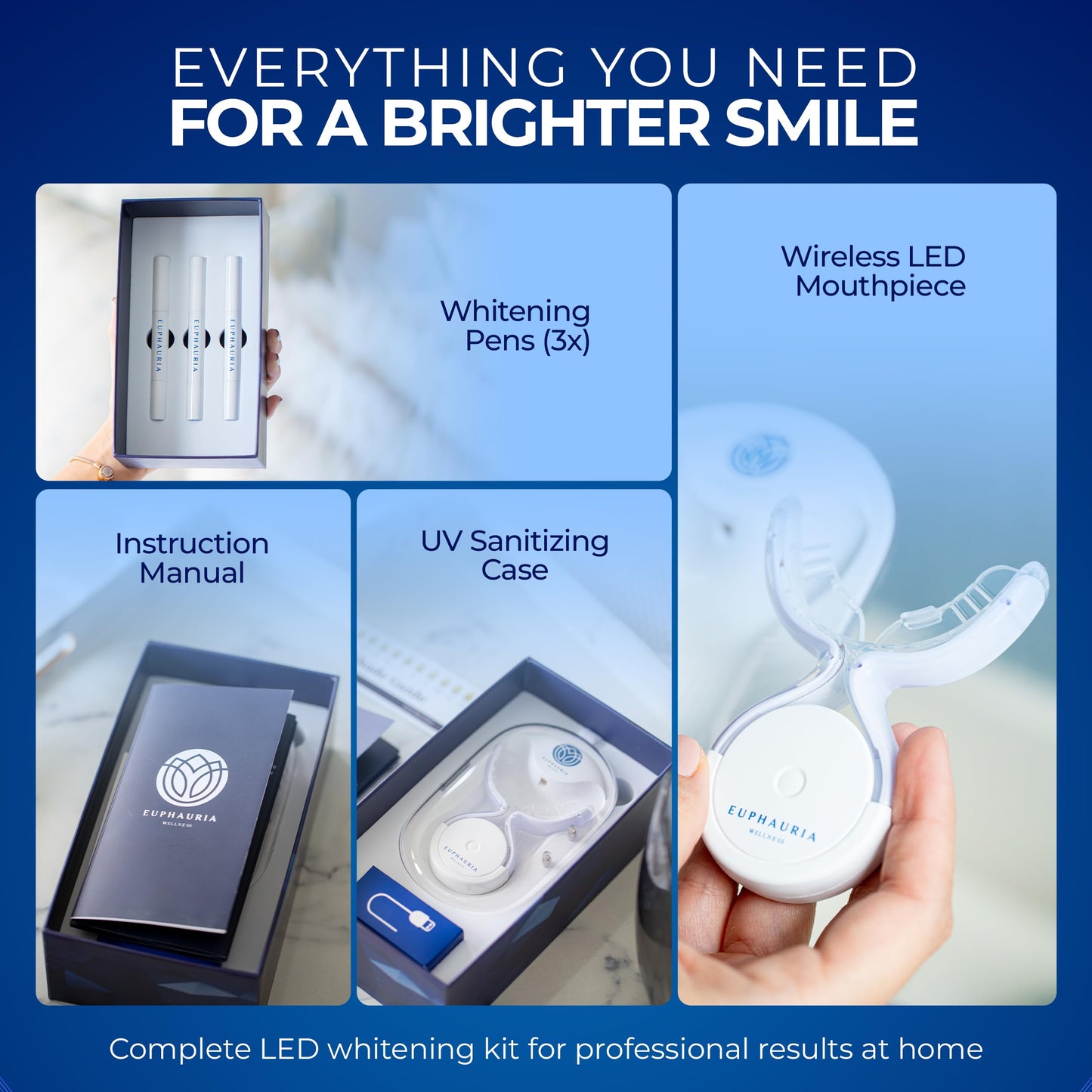 Euphauria Home Teeth Whitening Kit with LED Light - 3 Gel Pens, No Sensitivity
