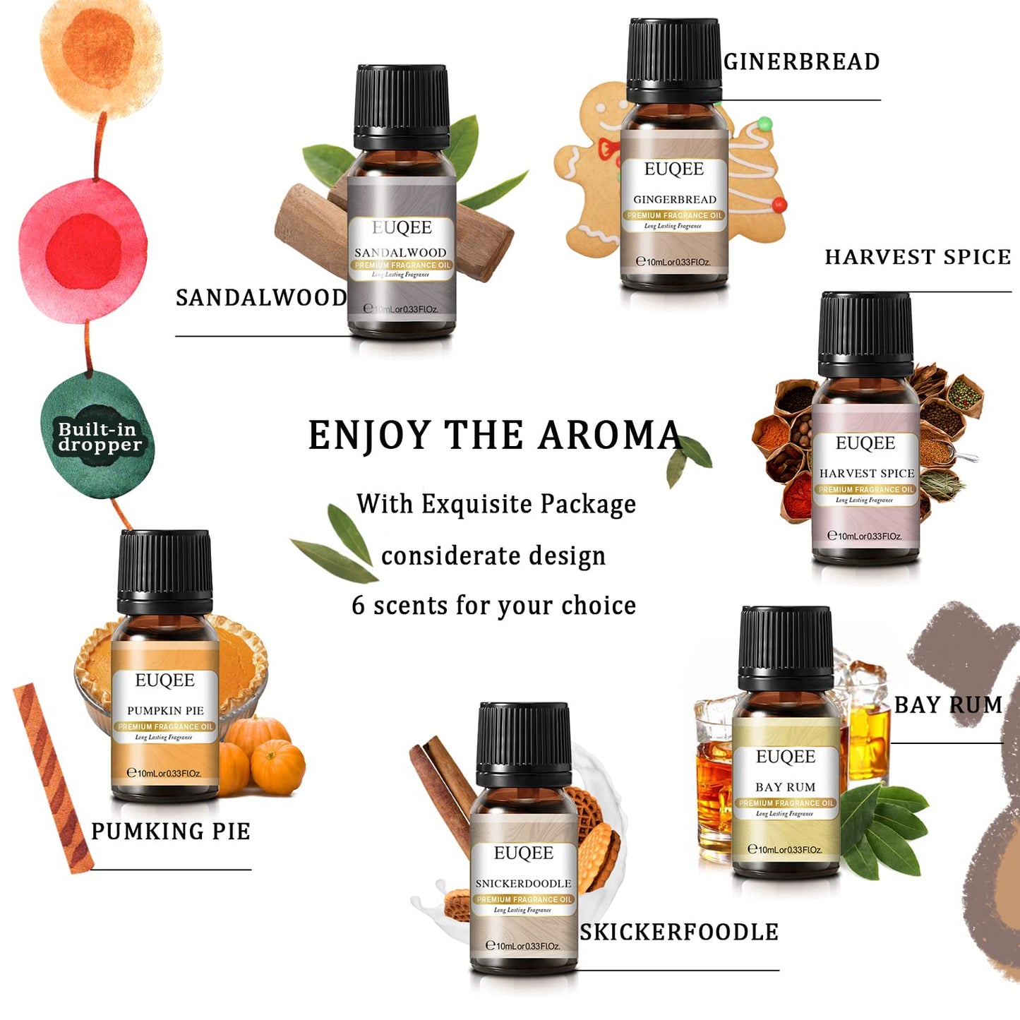 EUQEE 6PCS Spice Autumn Fragrance Oils Set | 6x10ml for Candles & Diffusers