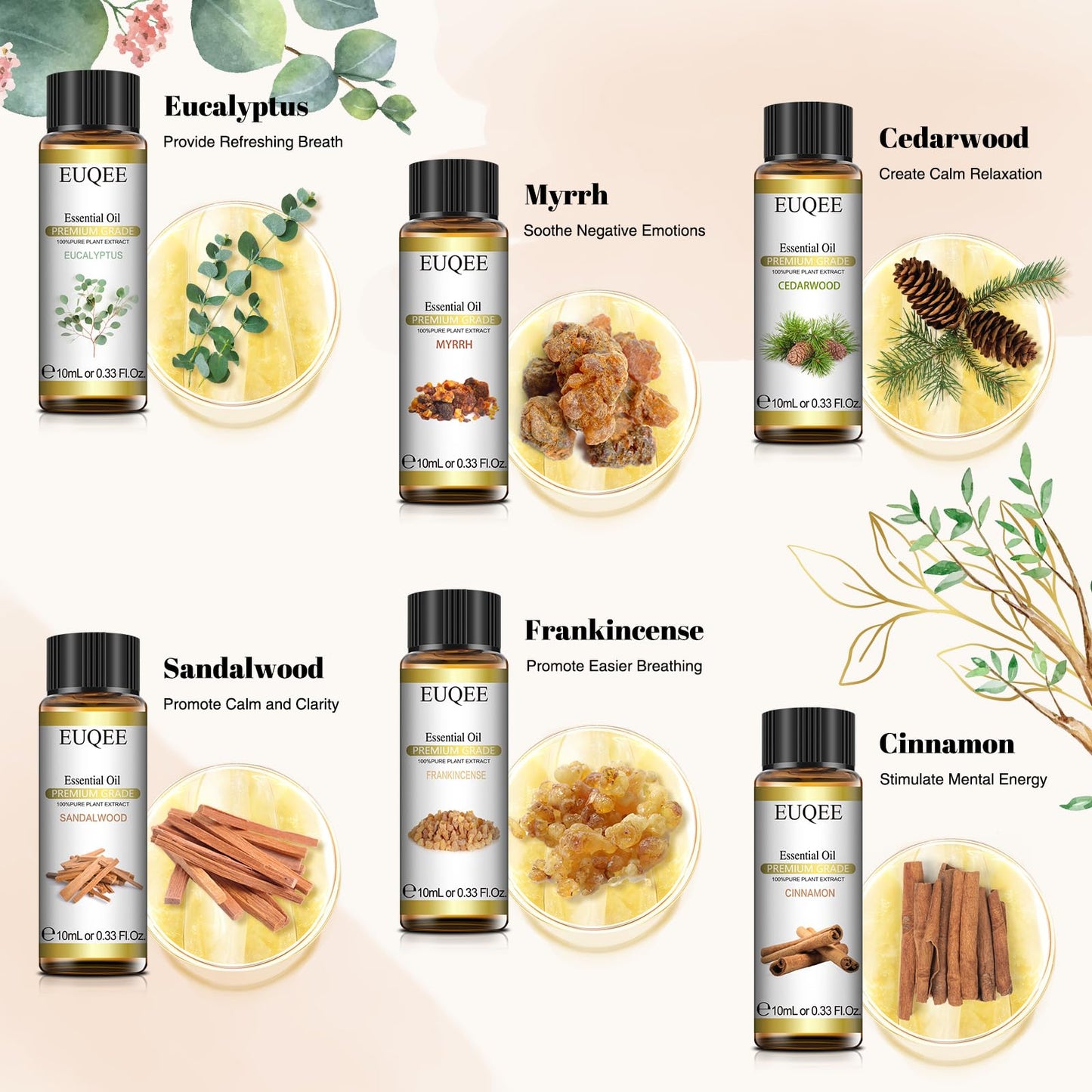 EUQEE 10ml Woody Essential Oils Set – Pure & Natural Aromatherapy (Eucalyptus, Cedarwood, Sandalwood, Frankincense, Cinnamon, Myrrh)