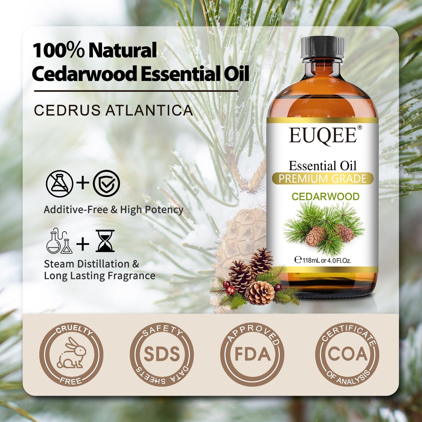 EUQEE Cedarwood Essential Oil with Glass Dropper, 118mL Natural Cedarwood Oil Premium Essential Oil for Diffuser, Humidifier(4fl.oz)