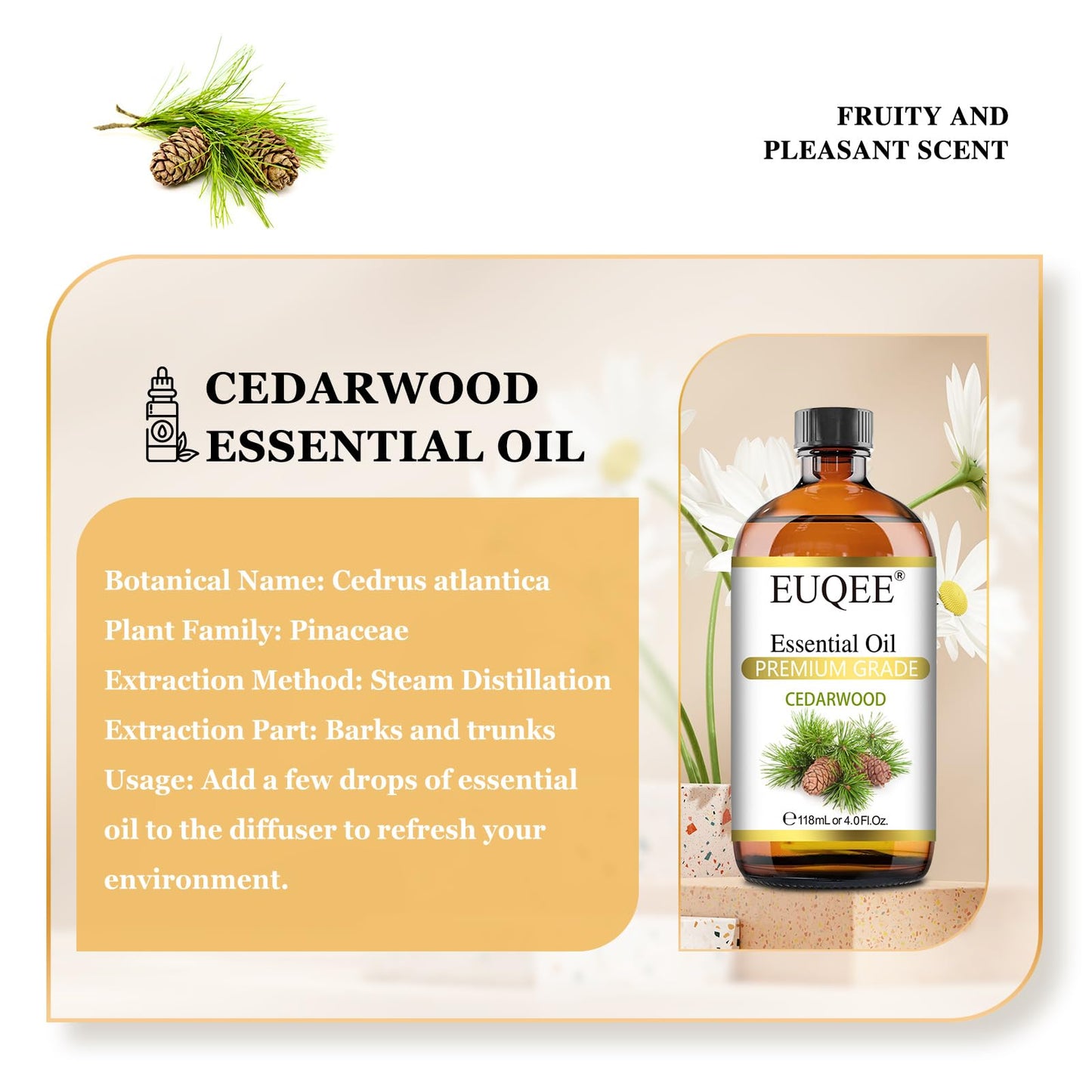 EUQEE Cedarwood Essential Oil 118mL – Pure Cedarwood Oil for Diffusers & Humidifiers | Glass Dropper
