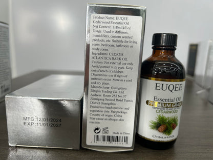 EUQEE Cedarwood Essential Oil 118mL – Pure Cedarwood Oil for Diffusers & Humidifiers | Glass Dropper