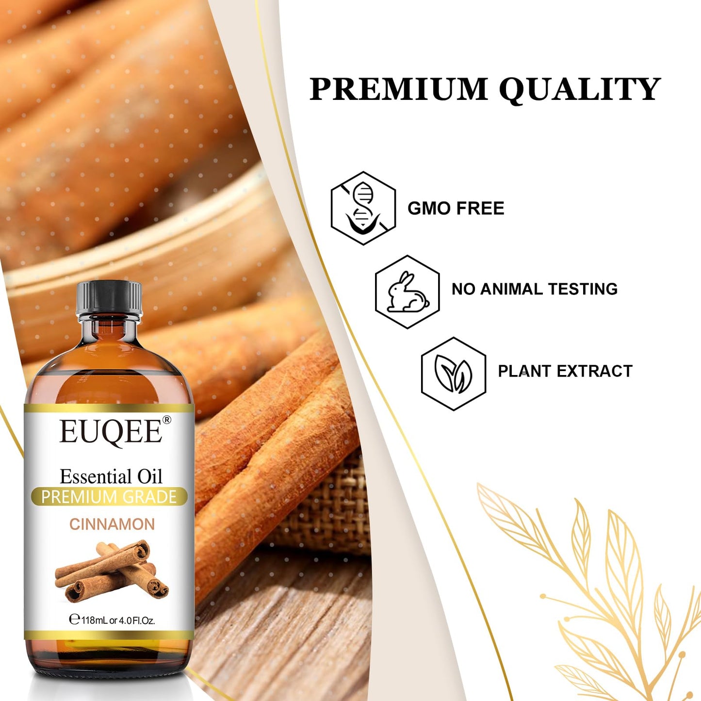 EUQEE Cinnamon Essential Oil 118ml – Pure Essential Oil for Diffuser, Aromatherapy & DIY Projects (4 Fl Oz)