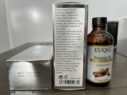 EUQEE Cinnamon Essential Oil 118ml – Pure Essential Oil for Diffuser, Aromatherapy & DIY Projects (4 Fl Oz)