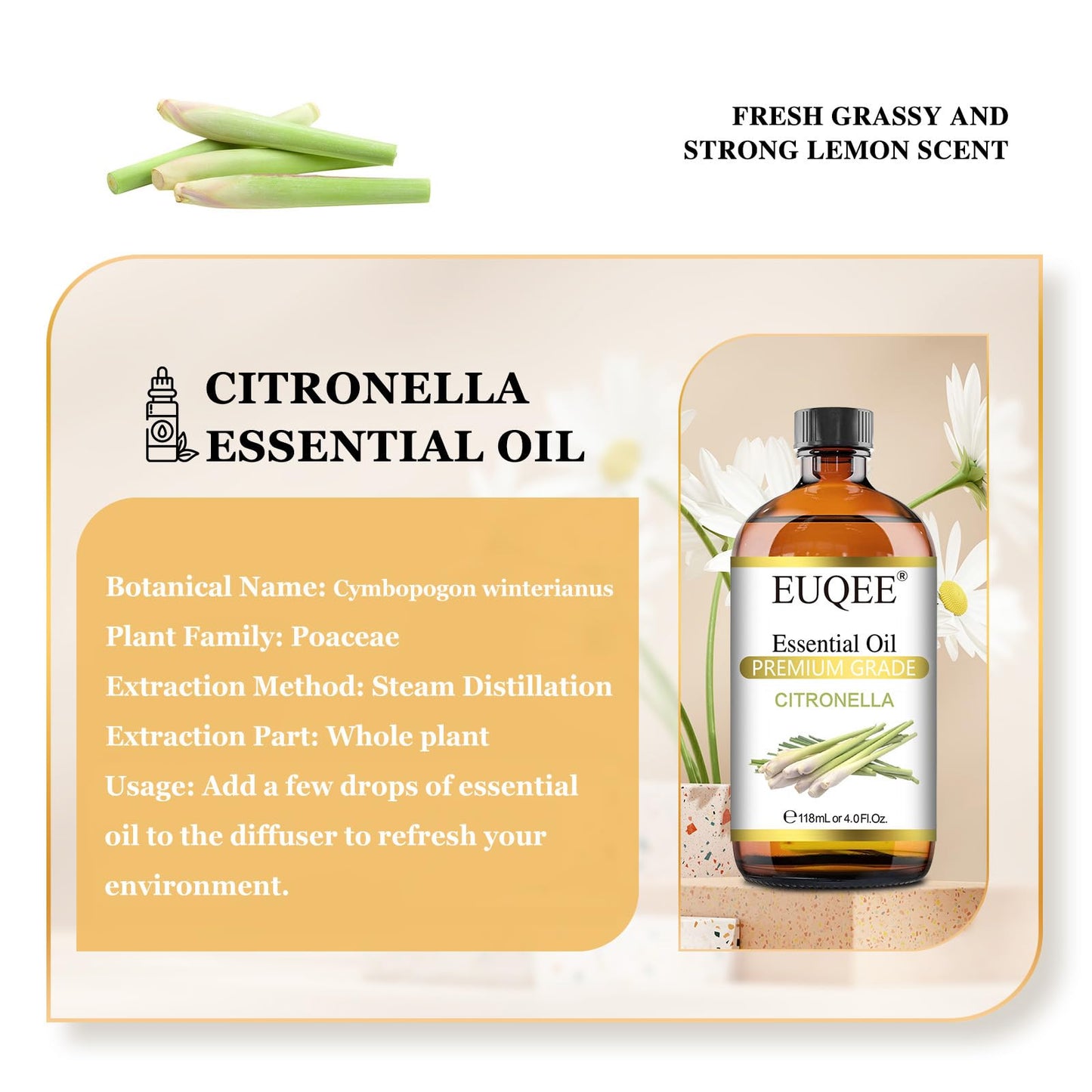 EUQEE Citronella Essential Oil – 118ml Gift Box with Glass Dropper