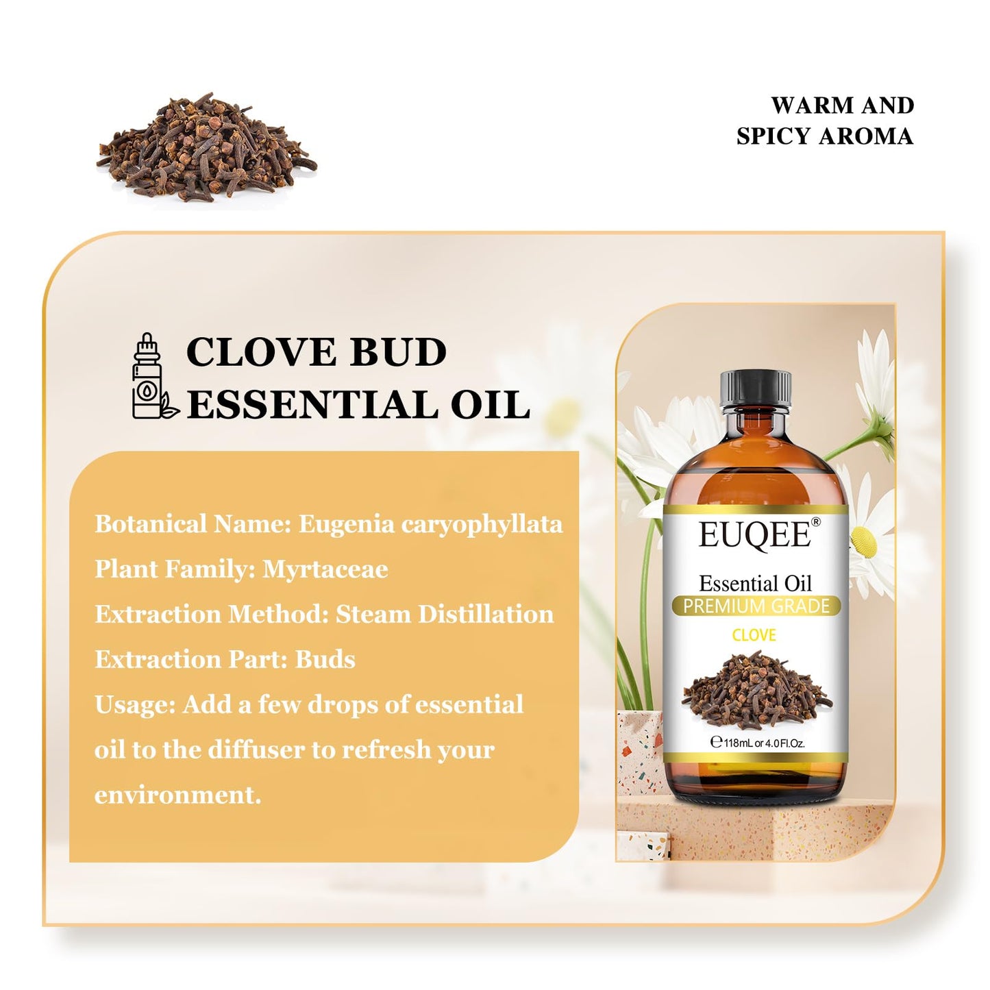 EUQEE Clove Essential Oil – 4 oz / 118 ml with Glass Dropper | Premium Clove Bud Oil