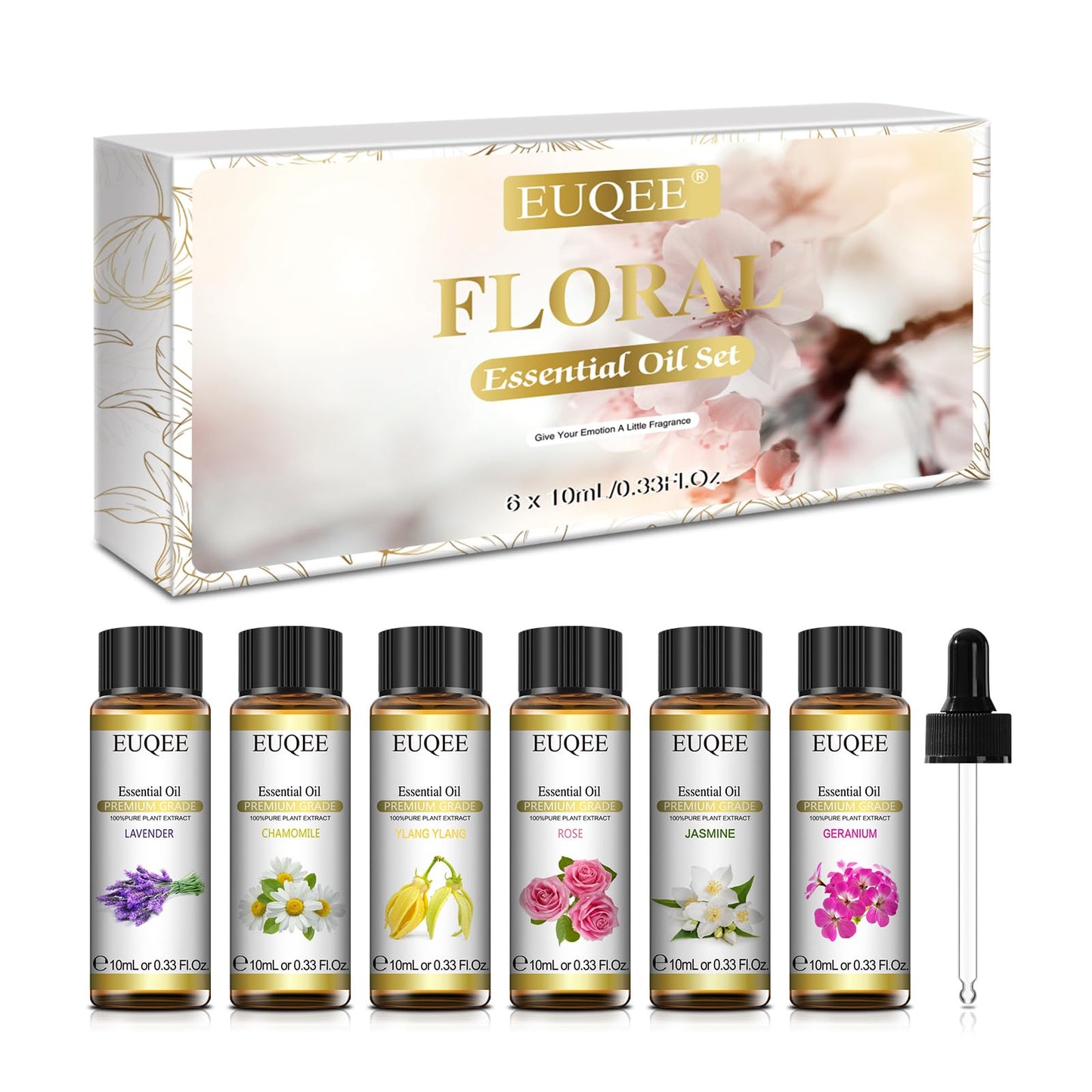 EUQEE Floral Essential Oils Set of 6 – 10ml Diffuser, Soap & Candle Oils