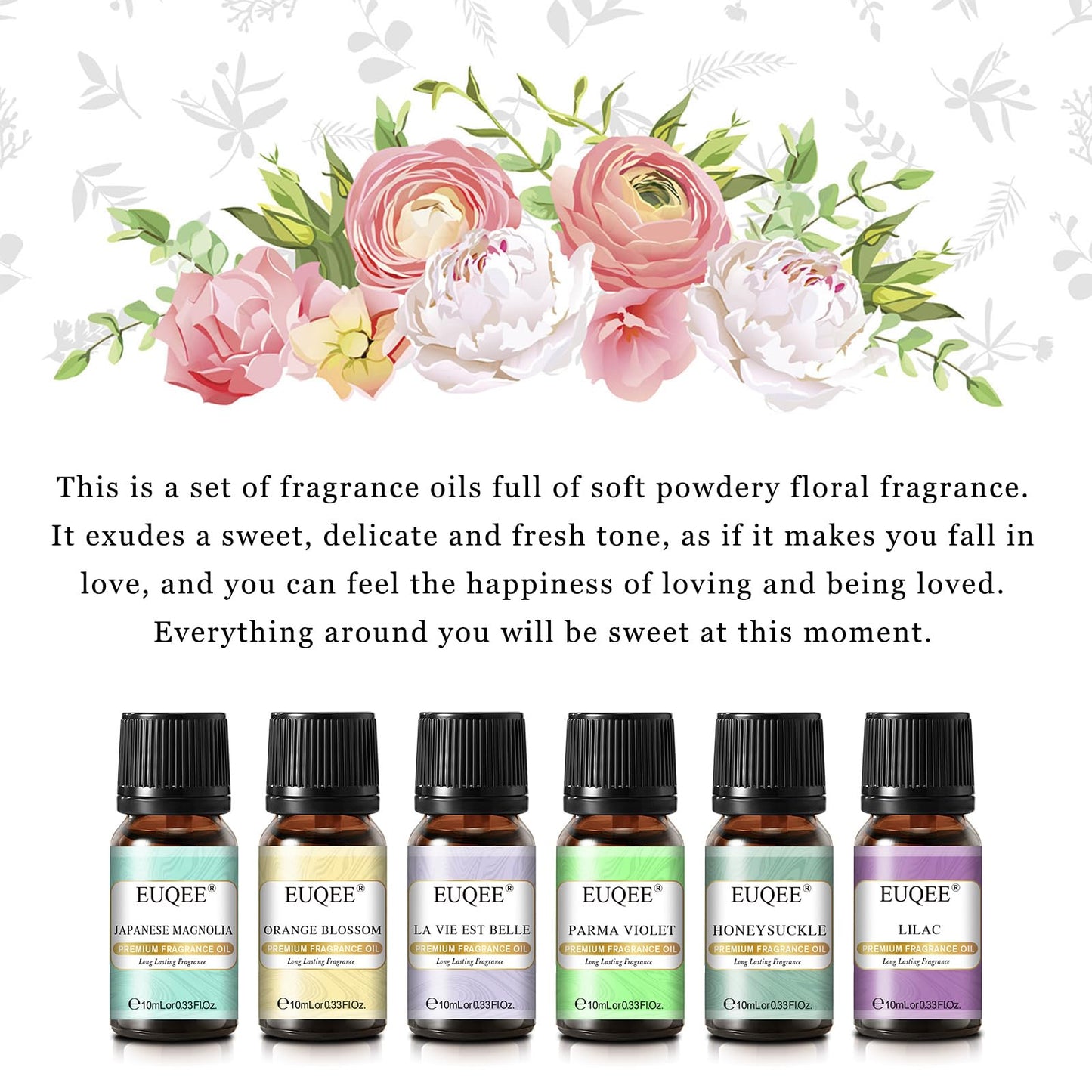EUQEE Premium Floral Fragrance Oils Set 6x10ml – Diffuser & DIY Candle