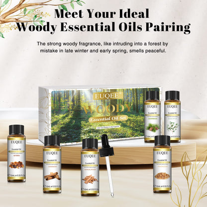 EUQEE 10ml Woody Essential Oils Set – Pure & Natural Aromatherapy (Eucalyptus, Cedarwood, Sandalwood, Frankincense, Cinnamon, Myrrh)