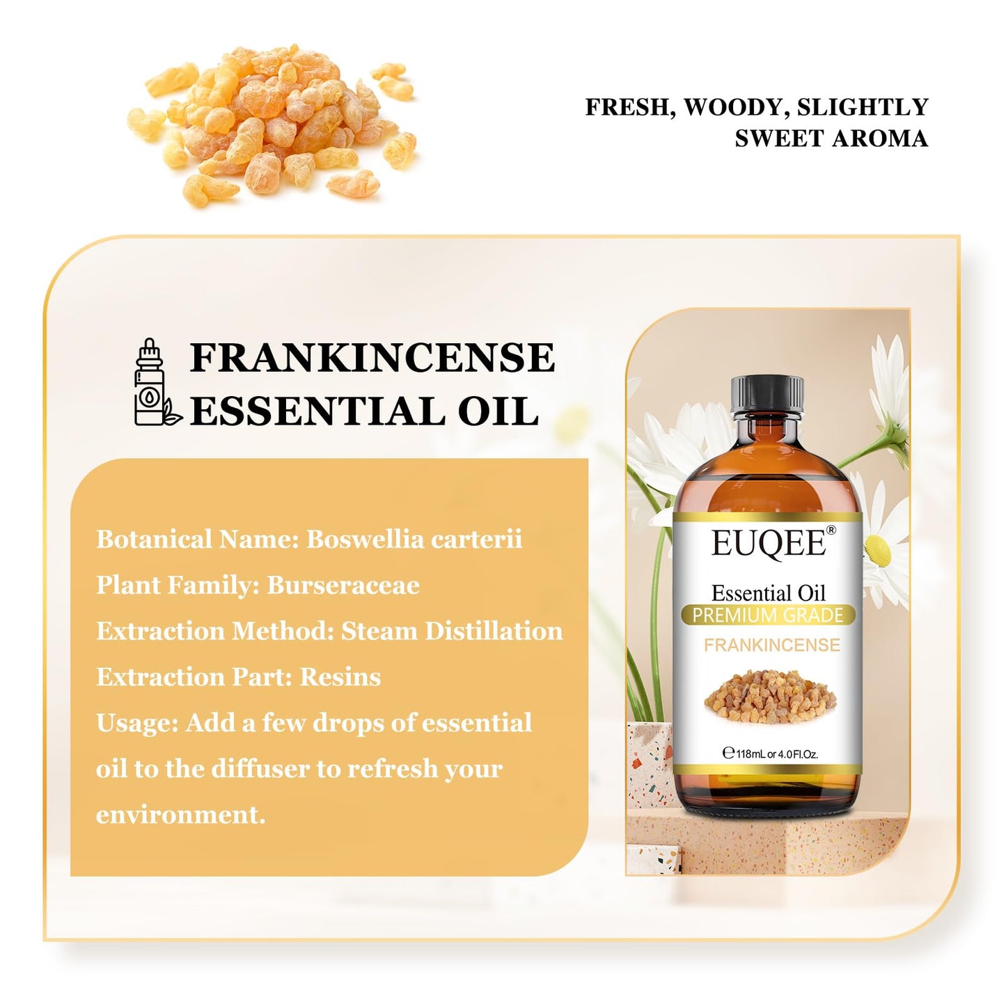 EUQEE Frankincense Essential Oil 118ml (4 fl oz) – Pure Oil with Glass Dropper