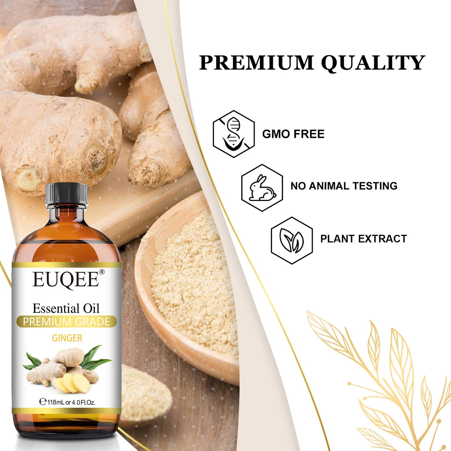 EUQEE Ginger Essential Oil 118mL – Pure Ginger Oil in Amber Bottle with Glass Dropper
