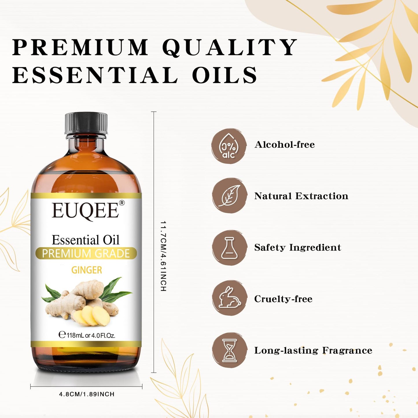 EUQEE Ginger Essential Oil 118mL – Pure Ginger Oil in Amber Bottle with Glass Dropper