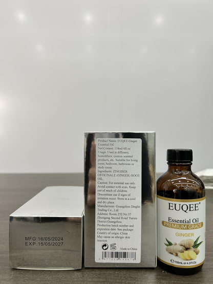 EUQEE Ginger Essential Oil 118mL – Pure Ginger Oil in Amber Bottle with Glass Dropper