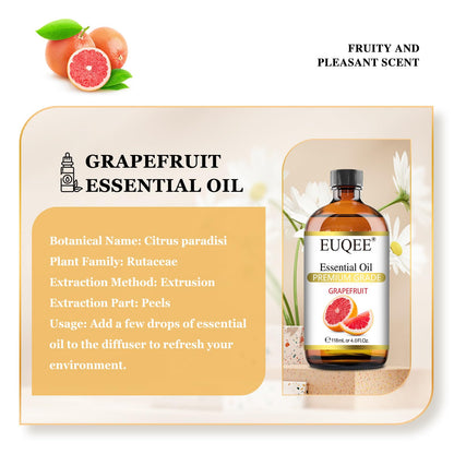 EUQEE Grapefruit Essential Oil 118mL (4 oz) – Pure Citrus Oil with Glass Dropper