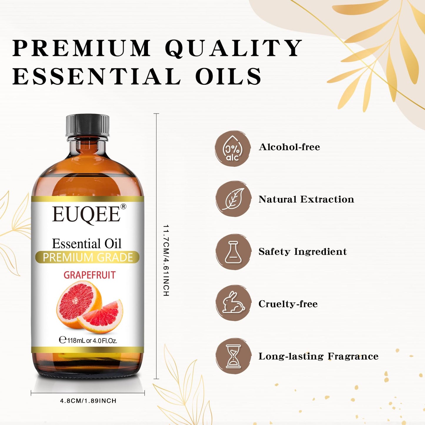 EUQEE Grapefruit Essential Oil 118mL (4 oz) – Pure Citrus Oil with Glass Dropper