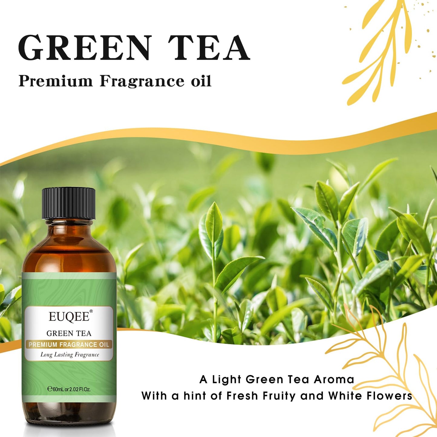 EUQEE Green Tea Fragrance Oils, 2.02 Fl oz / 60ml Essential Oils for Diffuser, Candle Making, DIY Soap with Glass Dropper