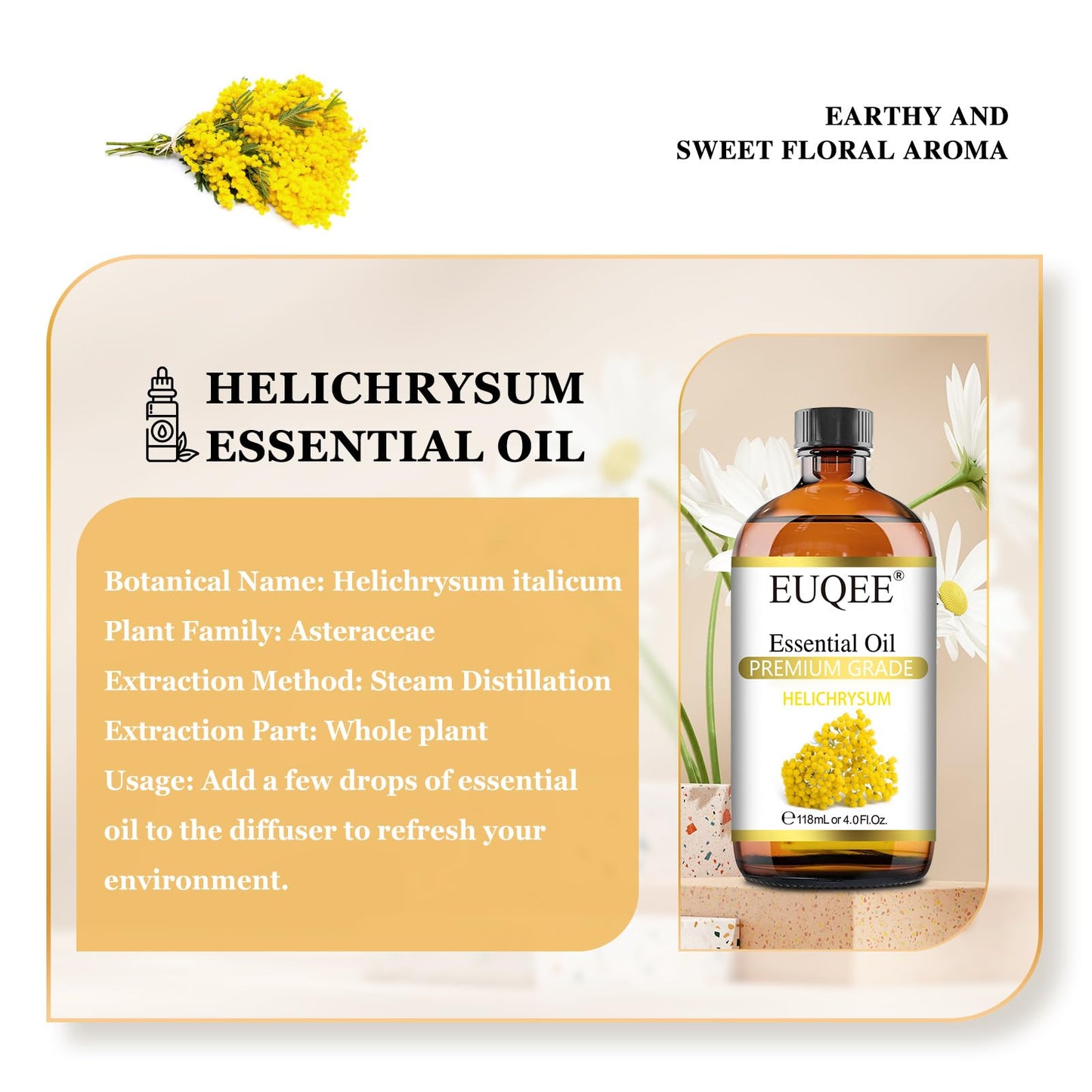 EUQEE Helichrysum Essential Oil 4 oz/118 ml – Amber Glass Dropper Bottle