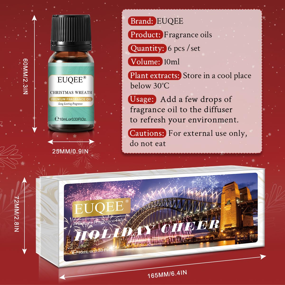 EUQEE Holiday Cheer Premium Fragrance Oils Set of 6 (10ml) – Forest Pine, Christmas Wreath, Brown Sugar, Harvest Spice, Gingerbread, Pumpkin Pie