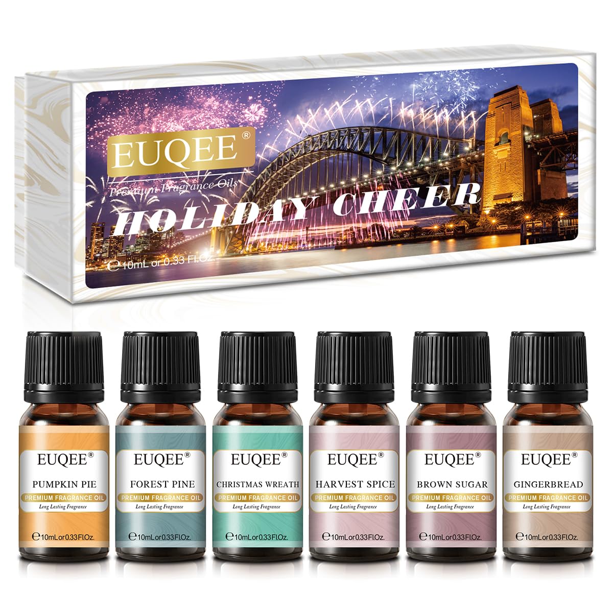 EUQEE Holiday Cheer Premium Fragrance Oils Set of 6 (10ml) – Forest Pine, Christmas Wreath, Brown Sugar, Harvest Spice, Gingerbread, Pumpkin Pie