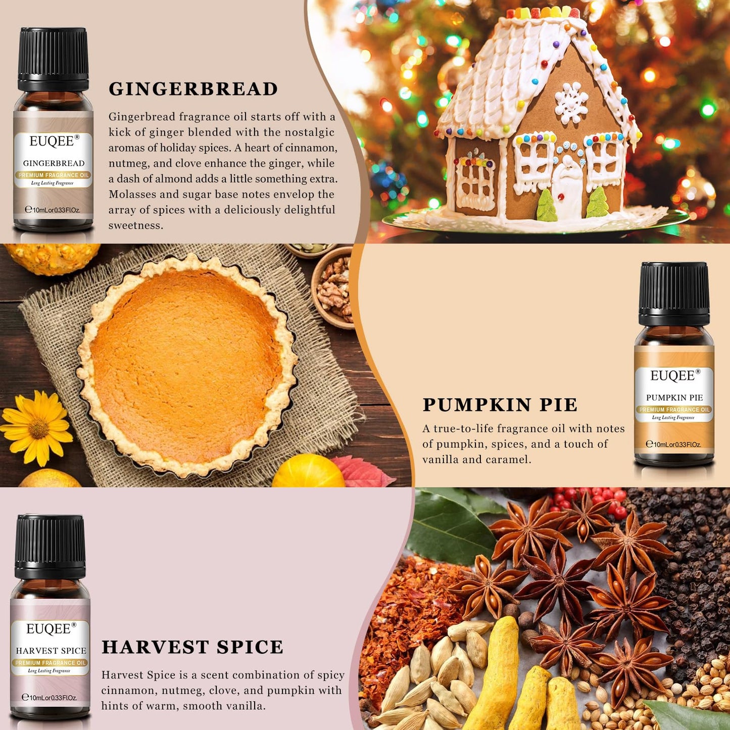 EUQEE Holiday Cheer Premium Fragrance Oils Set of 6 (10ml) – Forest Pine, Christmas Wreath, Brown Sugar, Harvest Spice, Gingerbread, Pumpkin Pie