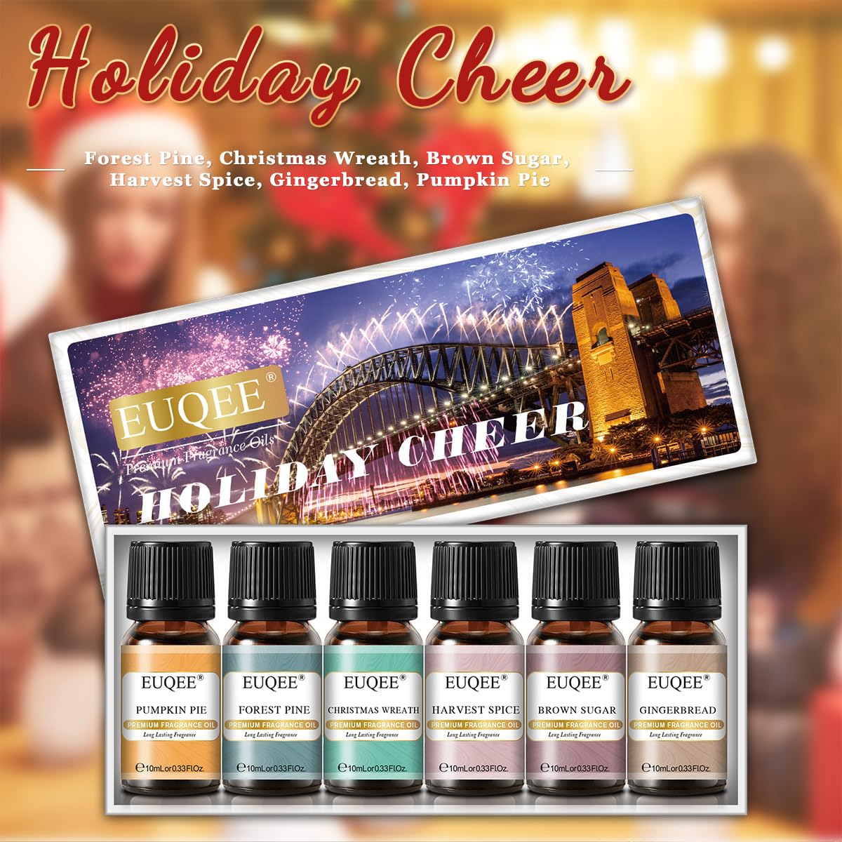 EUQEE Holiday Cheer Premium Fragrance Oils Set of 6 (10ml) – Forest Pine, Christmas Wreath, Brown Sugar, Harvest Spice, Gingerbread, Pumpkin Pie