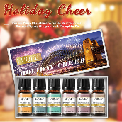 EUQEE Holiday Cheer Premium Fragrance Oils Set of 6 (10ml) – Forest Pine, Christmas Wreath, Brown Sugar, Harvest Spice, Gingerbread, Pumpkin Pie