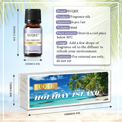 EUQEE Summer Fragrance Oil Gift Set – 6x10ml Holiday Island Aromatherapy Oils