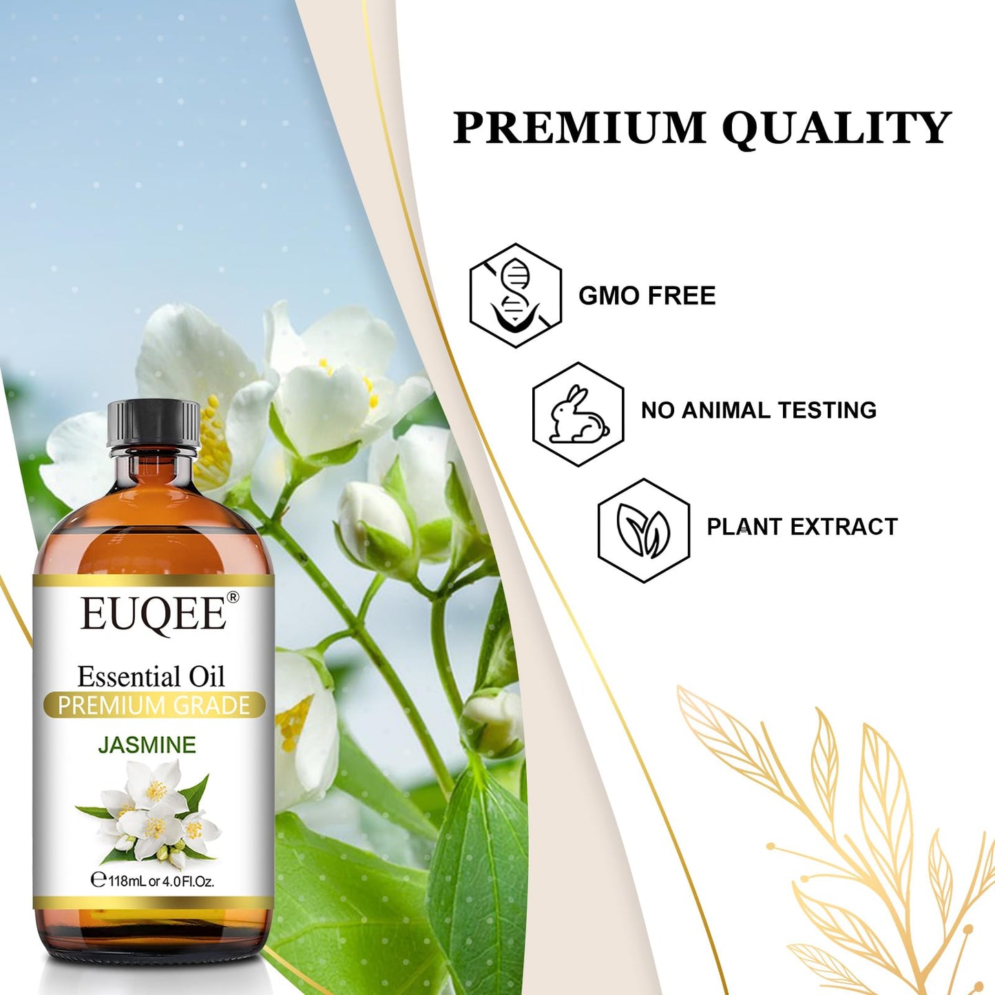 EUQEE Jasmine Essential Oil 118ml – Premium Jasmine Oil for Aromatherapy, Diffuser, DIY Soap & Candle Making (4 Fl Oz)