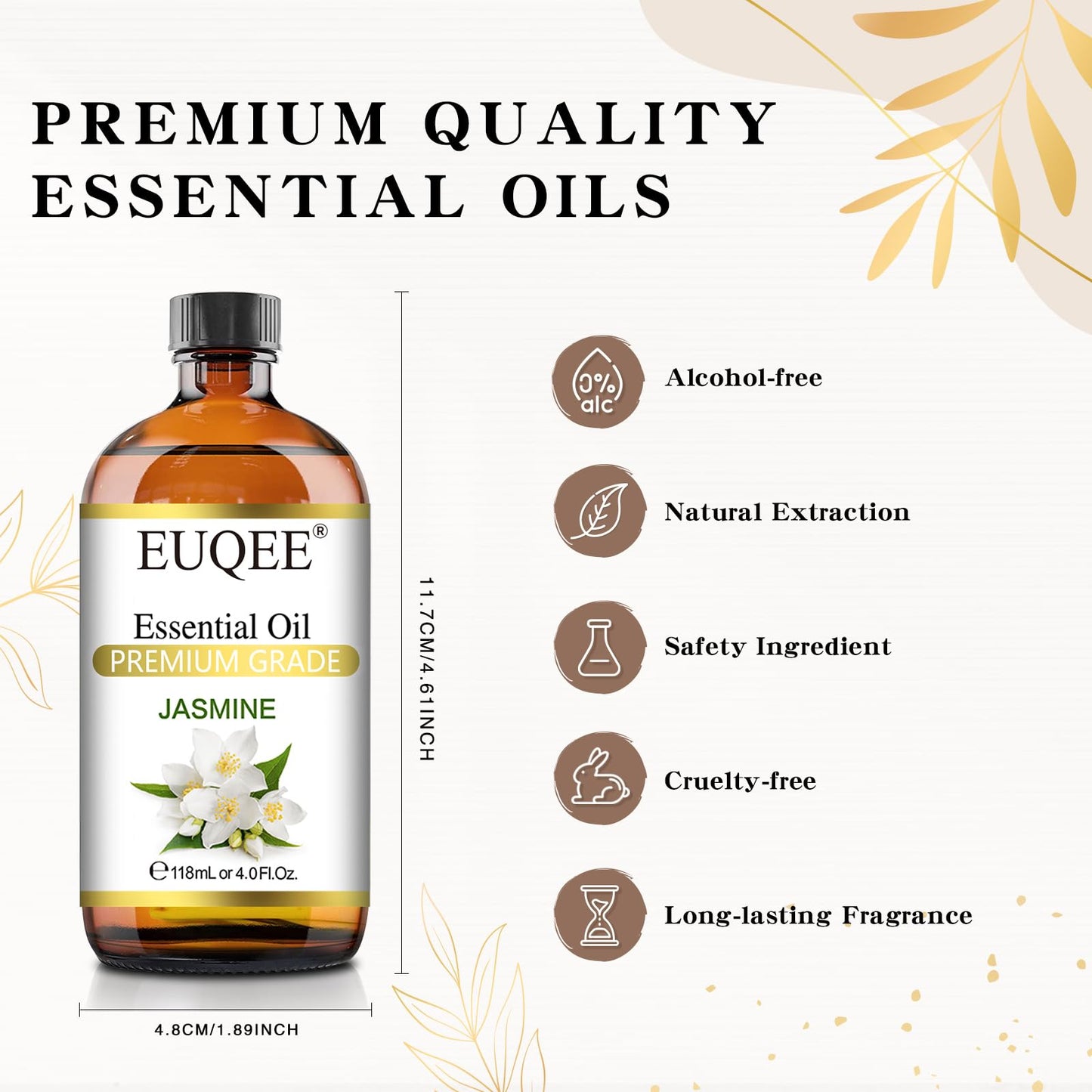 EUQEE Jasmine Essential Oil 118ml – Premium Jasmine Oil for Aromatherapy, Diffuser, DIY Soap & Candle Making (4 Fl Oz)
