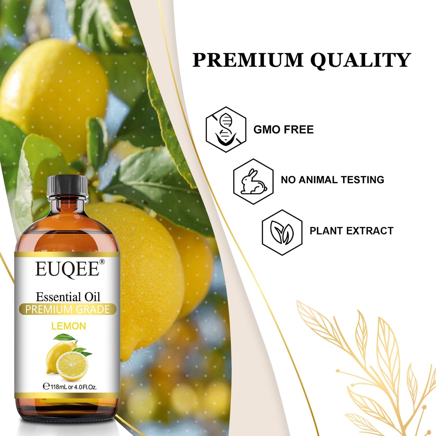 EUQEE Lemon Essential Oil with Glass Dropper – Aromatherapy & DIY (4 oz / 118 mL)