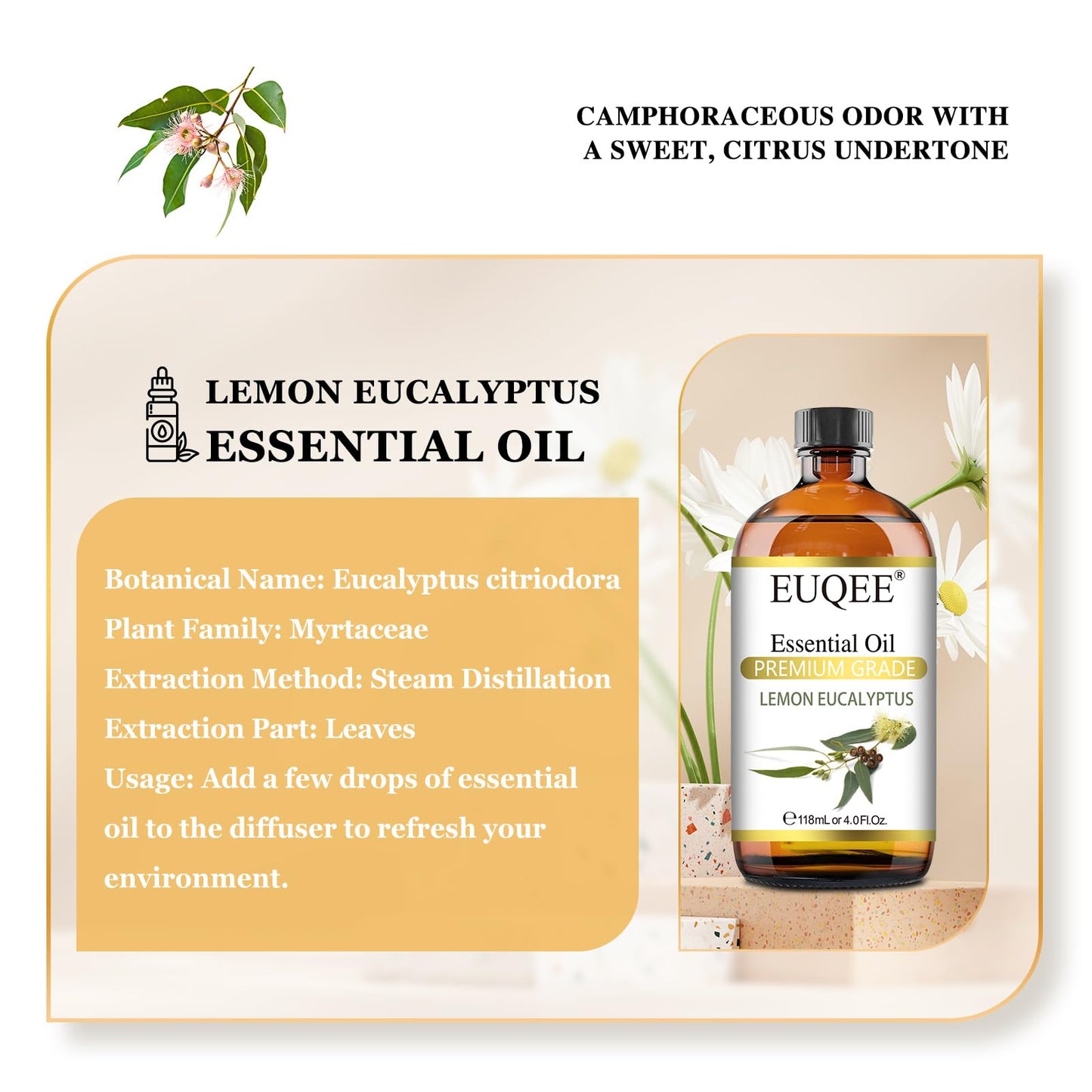 EUQEE Lemon Eucalyptus Essential Oil – 118ml / 4 Fl Oz with Glass Dropper