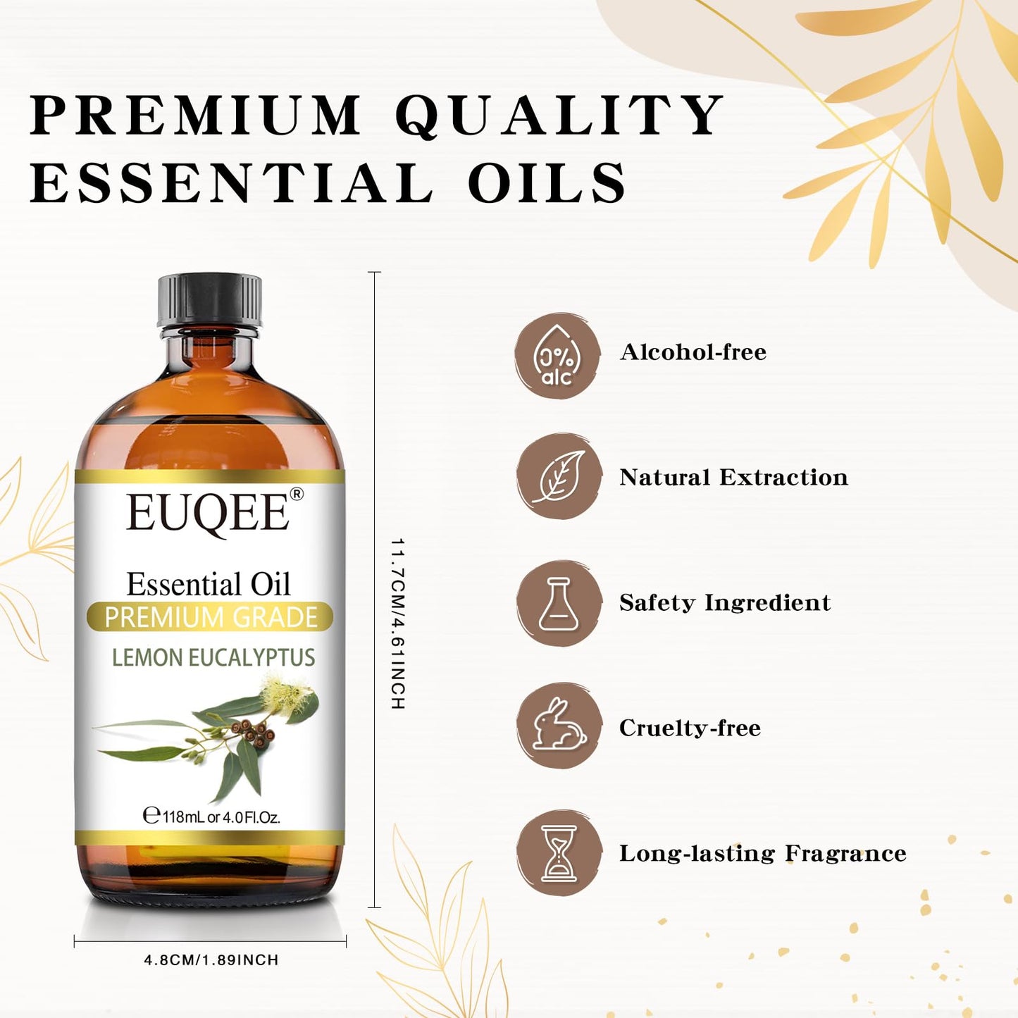 EUQEE Lemon Eucalyptus Essential Oil – 118ml / 4 Fl Oz with Glass Dropper