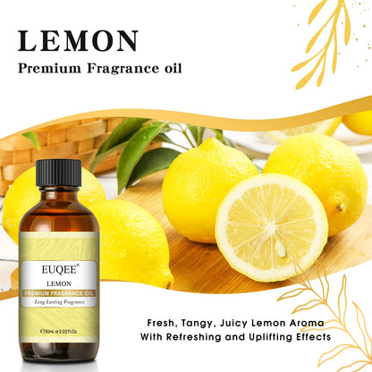EUQEE Lemon Fragrance Oil – Premium Essential Oil with Glass Dropper, 60 ml (2.02 fl oz) for Diffusers, Bath Bombs, and Candles