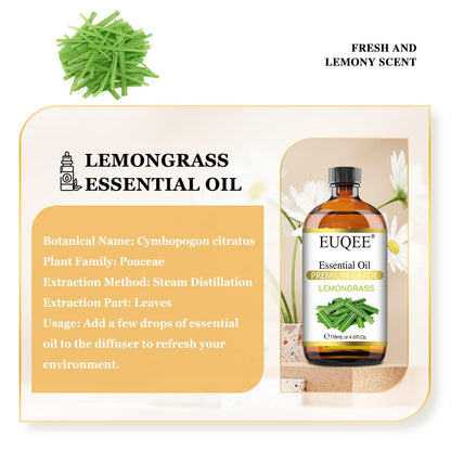 EUQEE Lemongrass Essential Oil 118ml with Glass Dropper | Premium Lemongrass Oil for Diffuser & Candle Making