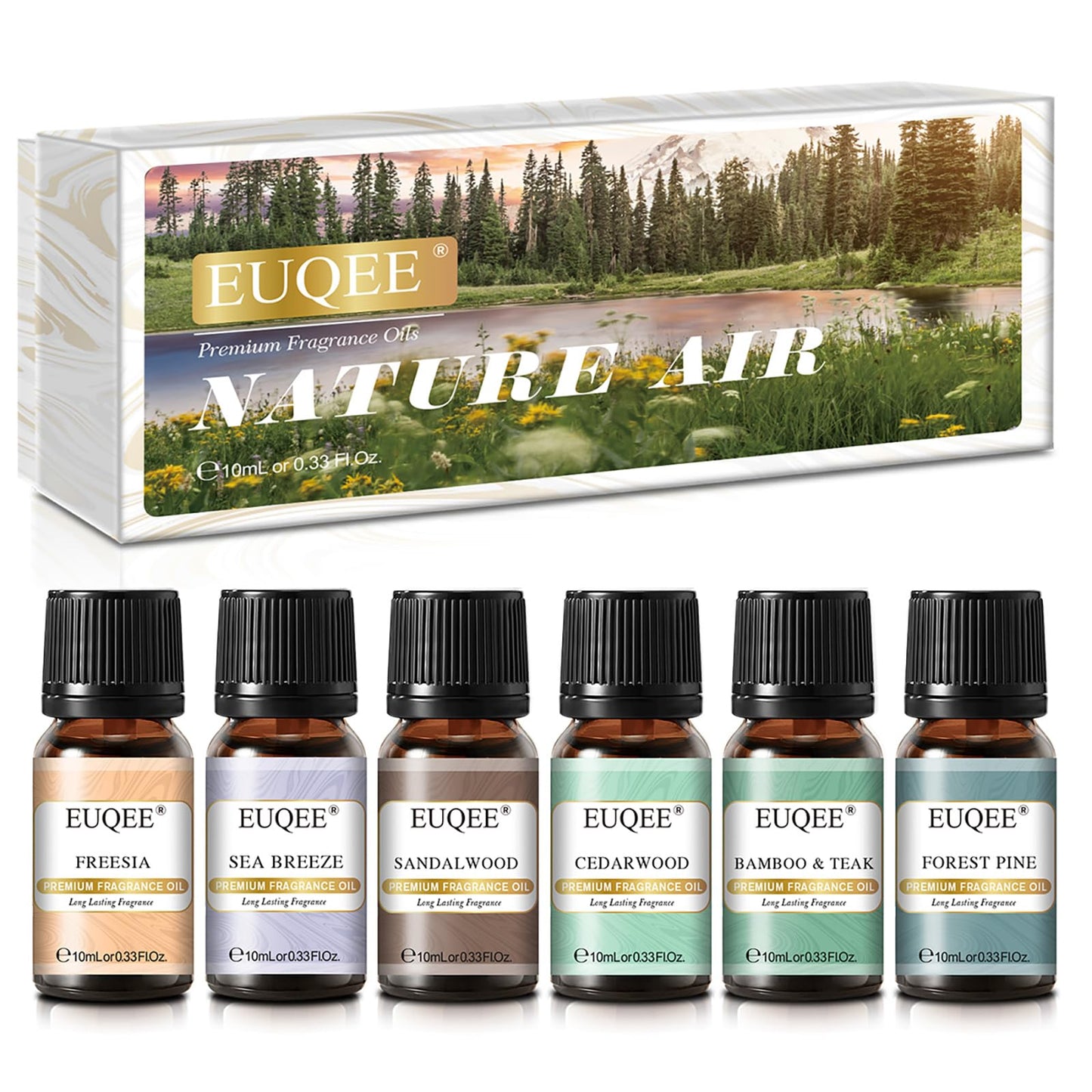 EUQEE Nature Air Premium Grade Scented Oils Gift Set - 6x10ml (Sea Breeze, Freesia, Bamboo & Teak, Cedarwood, Forest Pine, Sandalwood)