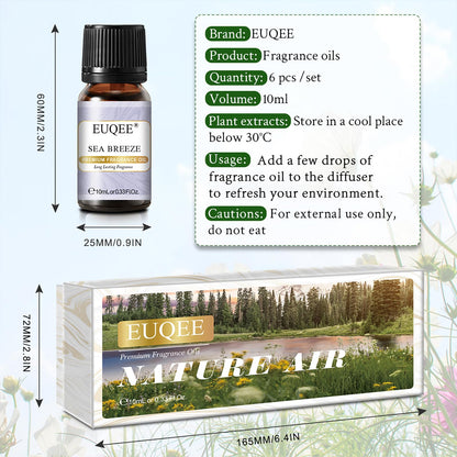 EUQEE Nature Air Premium Grade Scented Oils Gift Set - 6x10ml (Sea Breeze, Freesia, Bamboo & Teak, Cedarwood, Forest Pine, Sandalwood)