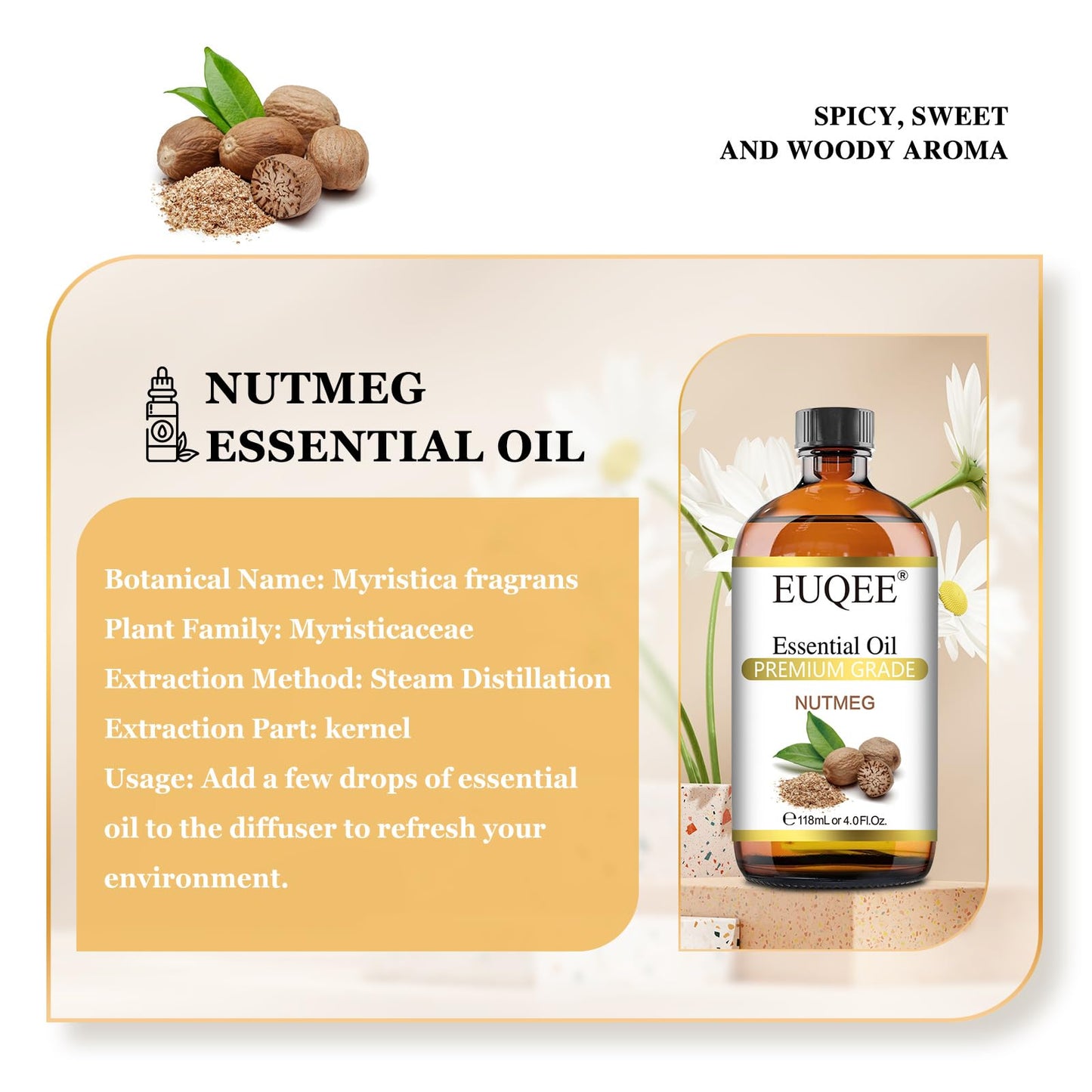 EUQEE Nutmeg Essential Oil 118ml – Aromatherapy Oil with Dropper
