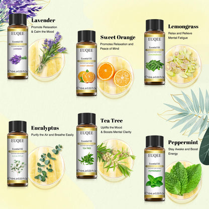 EUQEE 6-Piece Essential Oils Set – 10ml Each (Lavender, Eucalyptus, Peppermint, Tea Tree, Sweet Orange, Lemongrass)