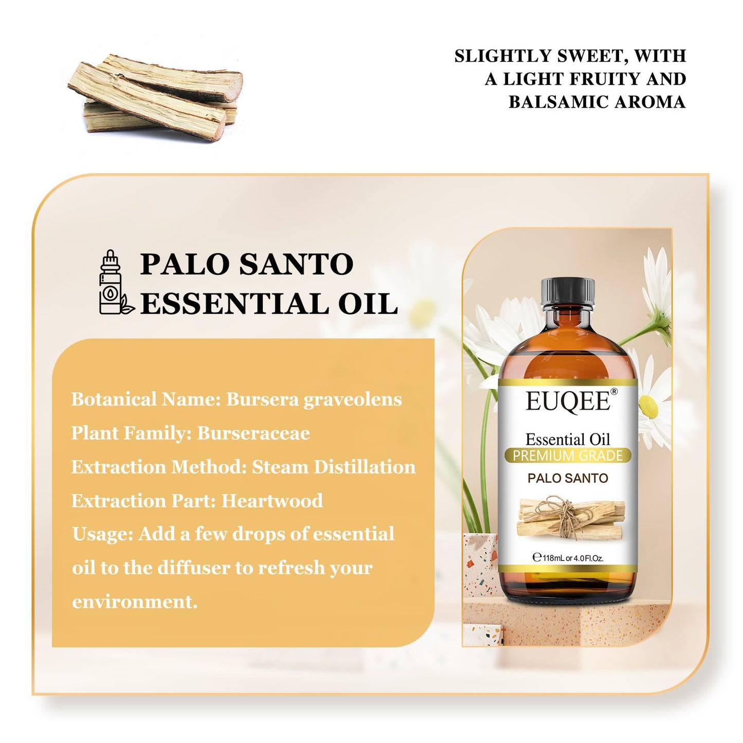 EUQEE Palo Santo Essential Oil 118mL (4 Fl. Oz) – Pure Oil with Glass Dropper