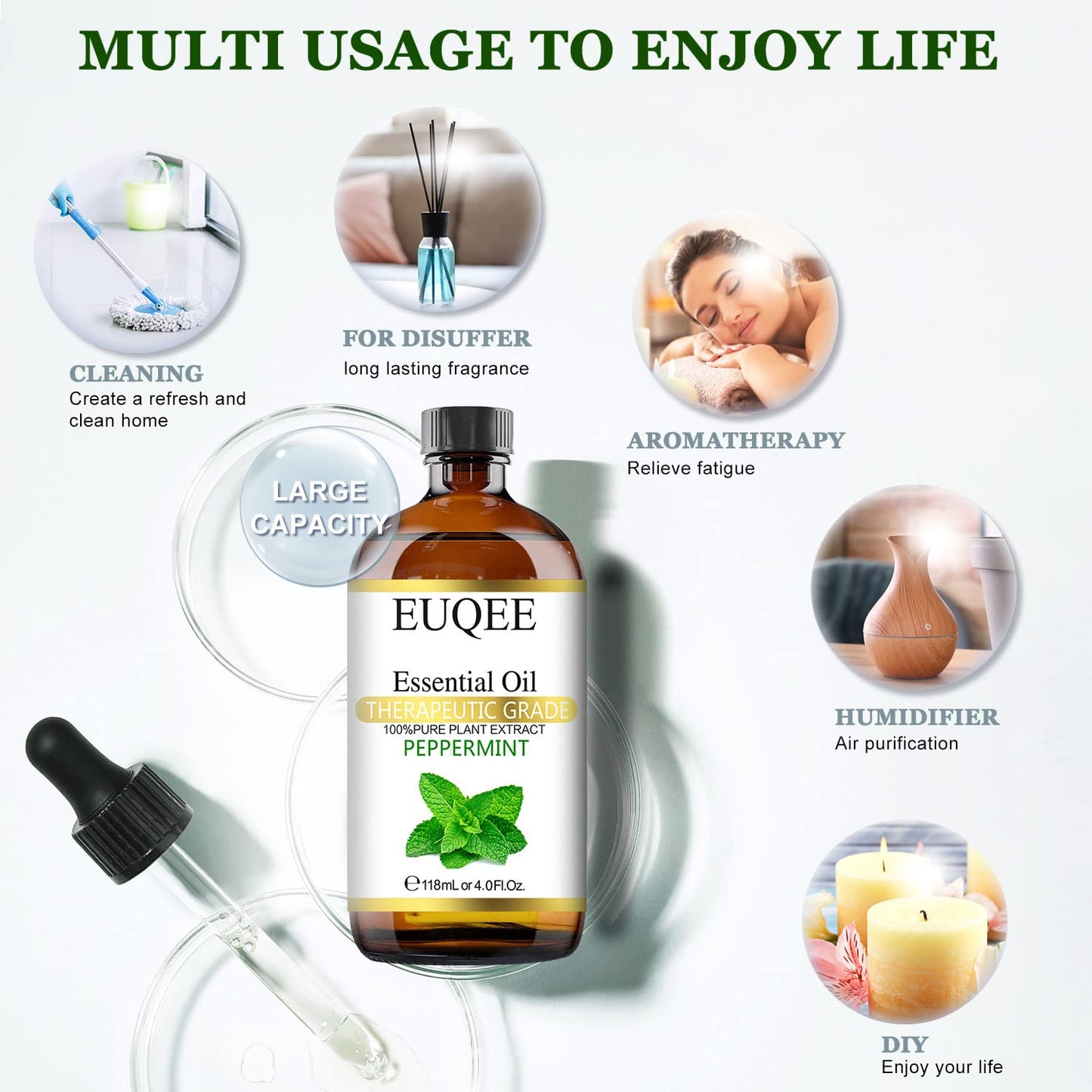 EUQEE Peppermint Essential Oil 118 ml – Pure Peppermint Oil with Glass Dropper