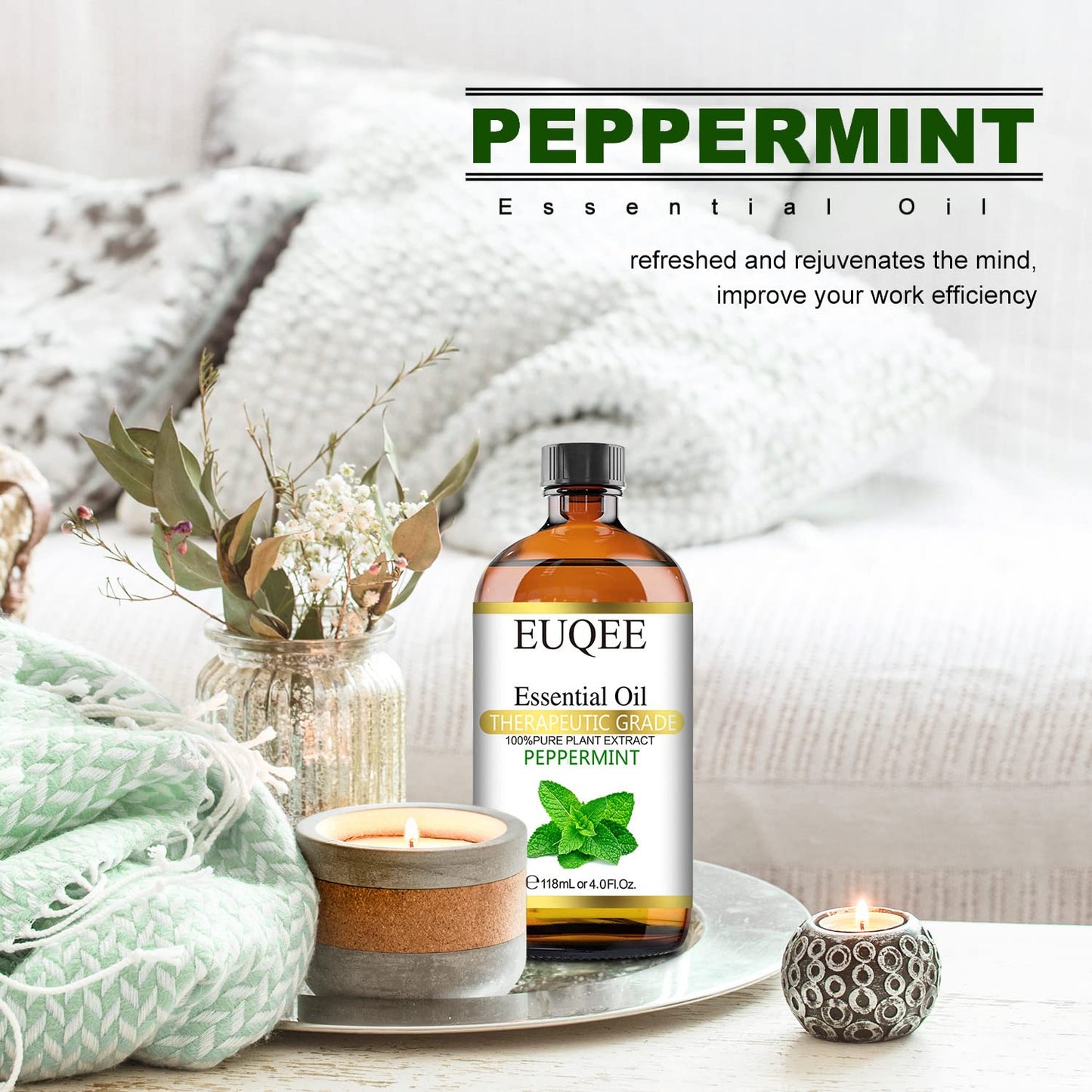 EUQEE Peppermint Essential Oil 118 ml – Pure Peppermint Oil with Glass Dropper