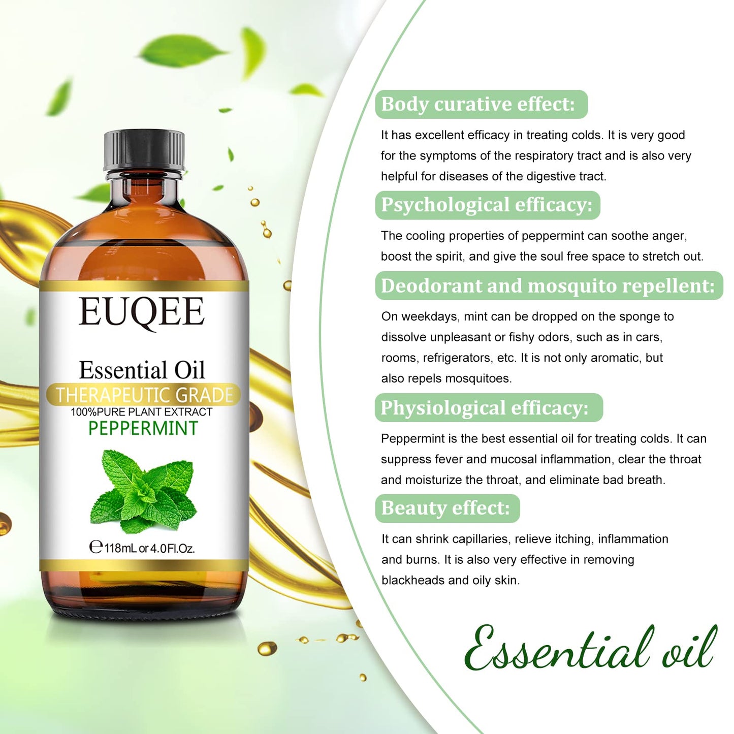 EUQEE Peppermint Essential Oil 118 ml – Pure Peppermint Oil with Glass Dropper