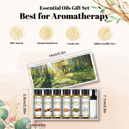 EUQEE 10ml Woody Essential Oils Set – Pure & Natural Aromatherapy (Eucalyptus, Cedarwood, Sandalwood, Frankincense, Cinnamon, Myrrh)