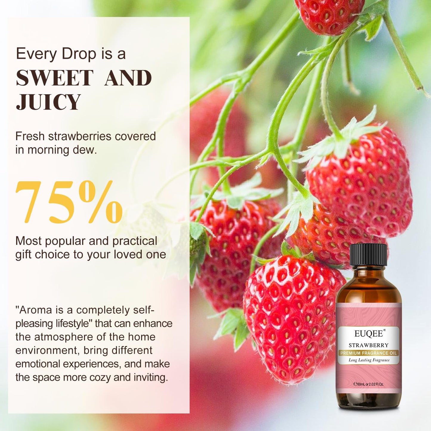 EUQEE 2.02 Fl oz Strawberry Fragrance Oil | Premium Strawberry Essential Oil with Glass Dropper – 60 ml