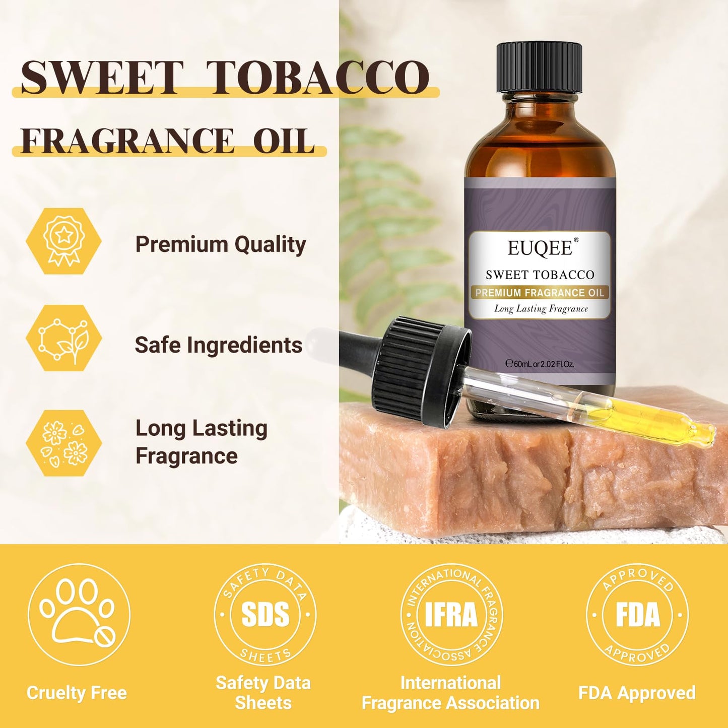 EUQEE Sweet Tobacco Fragrance Oil – 60ml (2.02 Fl oz) with Glass Dropper for Diffuser, Aromatherapy, Soap Making