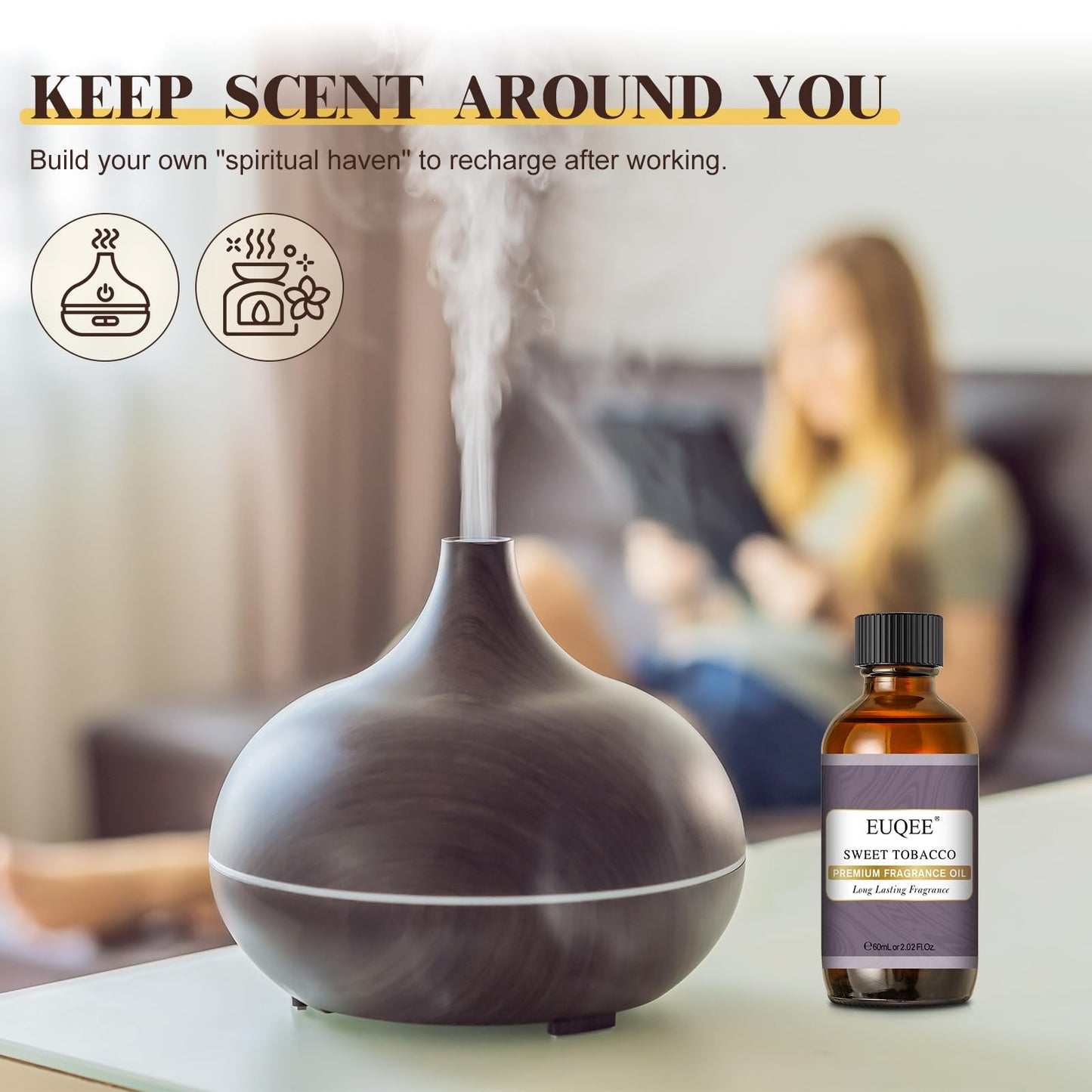 EUQEE Sweet Tobacco Fragrance Oil – 60ml (2.02 Fl oz) with Glass Dropper for Diffuser, Aromatherapy, Soap Making
