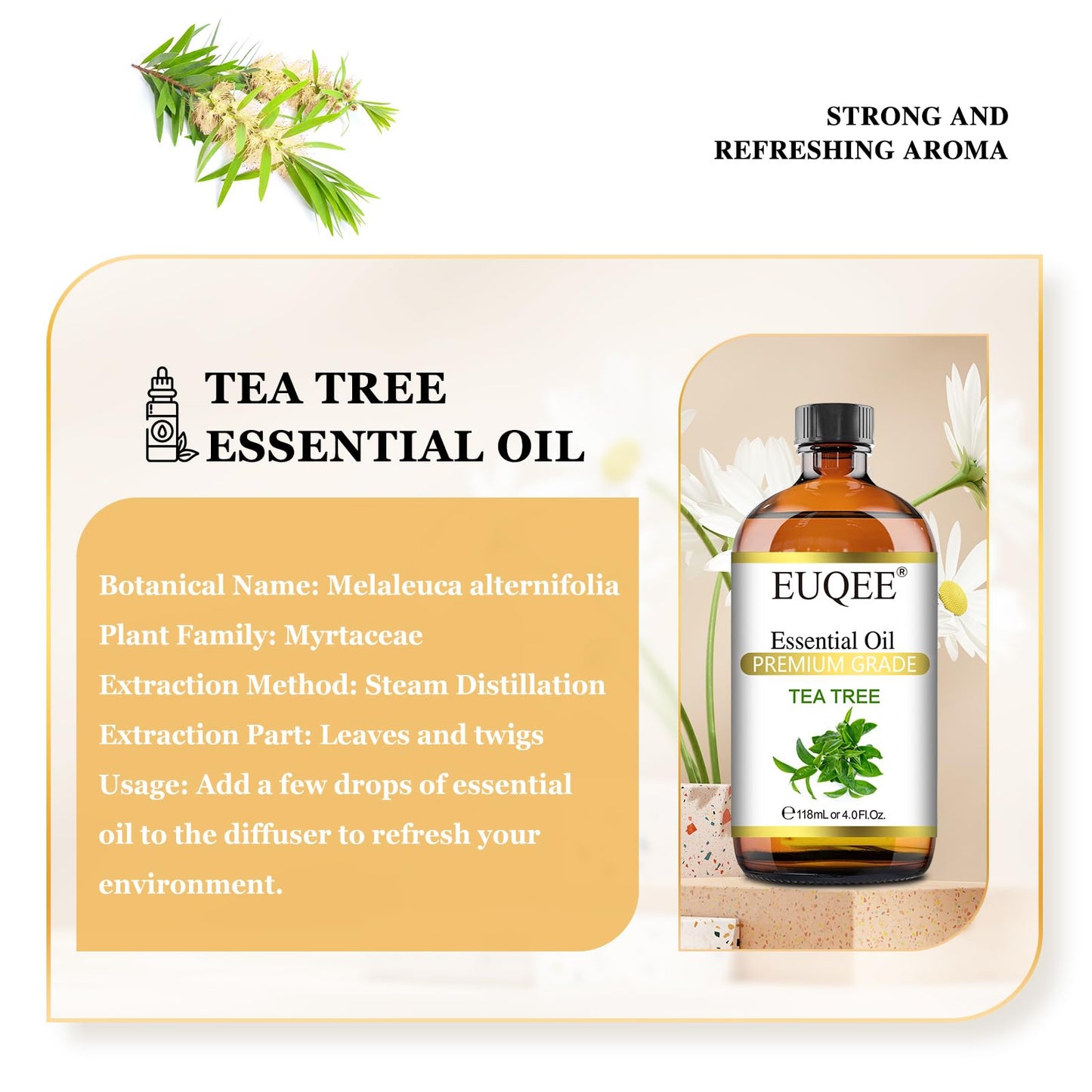 EUQEE Tea Tree Essential Oil 4 oz (118 ml) with Glass Dropper – Aromatherapy, Diffuser & DIY Soap