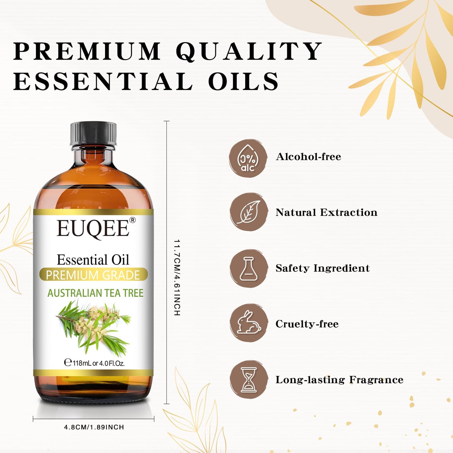 EUQEE Australian Tea Tree Essential Oil 4 oz - Premium Grade for Diffusers, Candles & Soap